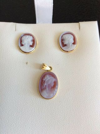 Vintage 18ct Gold Cameo Earrings Brooch Set Hallmarked 750 Pierced Ears No Scrap