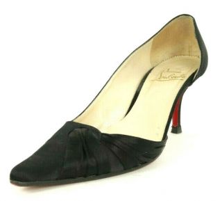Christian Louboutin $475 Vintage Black Satin Pointed Toe Mid Heel Pumps 37.  5