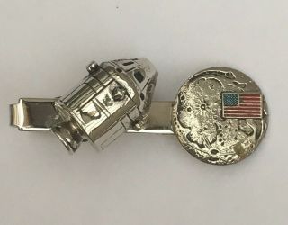 Vtg Apollo 11 Silver Plated Command Module Moon American Flag Tie Clasp Clip Bar