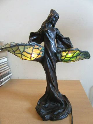Vintage Art Nouveau Solid Bronze Woman Figural Stained Glass Lamp Signed Kt
