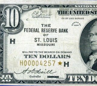 =rare 1929 $10 Frbn ( (st.  Louis Star))  National Currency 4 - Digit H00004257