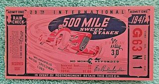 Vintage 1941 Indy 500 Ticket Stub 29th Annual 500 Mile Indianapolis 500 Race