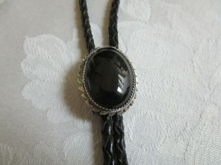 Vintage Sterling Silver Large Black Onyx Stone Bolo Tie W/leather Cord