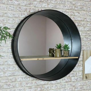 Extra Large Round Black Metal Industrial Wall Mirror Wood Shelving Display Unit