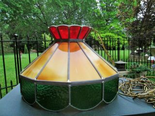 Vintage Old School Stained Glass Swag W Chain Bar Pool Table Lamp Tiffany Shade