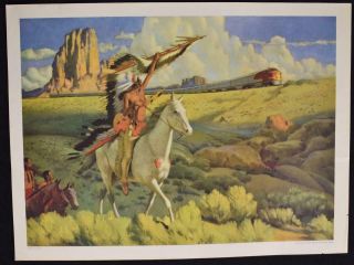 Vintage 1949 Santa Fe Railroad " Meeting Of The Chiefs " Poster Orig Never Posted