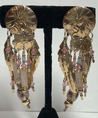 Vintage Tabra Gold Filled Rose Quartz Glass Bead Chandelier Dangle Earrings