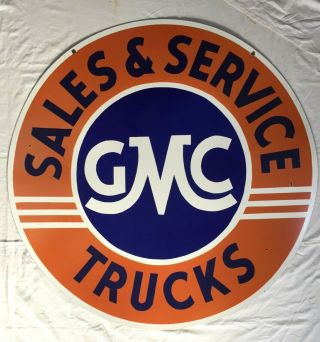 Vintage Porcelain Gmc Sales & Service 42” Double Sided Enamel Sign.