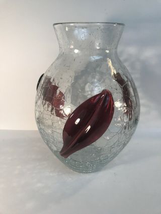 Vintage Pre Designer Blenko Crystal Crackle Vase With Plum Applied Leafs Huge