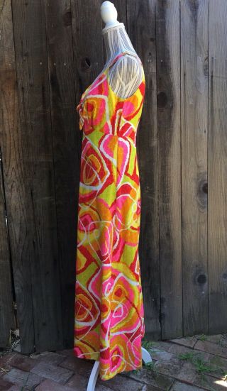 Vintage 60 ' s Mister Remo of California Maxi Neon Colored Barkcloth Dress Sz S 2