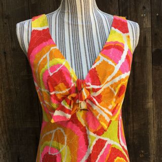 Vintage 60 ' s Mister Remo of California Maxi Neon Colored Barkcloth Dress Sz S 3
