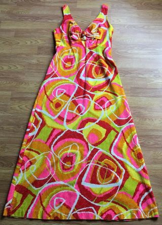Vintage 60 ' s Mister Remo of California Maxi Neon Colored Barkcloth Dress Sz S 4