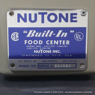 VINTAGE NUTONE BUILT - IN FOOD CENTER POWER UNIT Motor MODEL 221 7