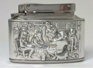 Vintage Silver Plated Mylflam Diplomat Table Lighter - Dutch Tavern Scene
