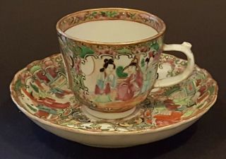 Chinese Cantonese Vintage Victorian Oriental Antique Famile Verte Cup Saucer Duo