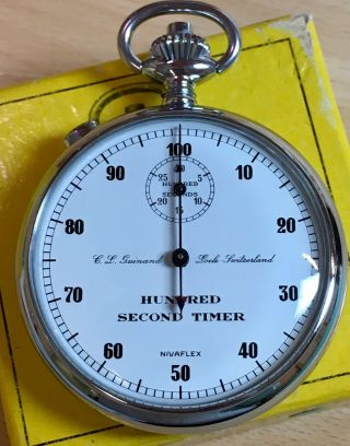 Vintage Swiss Made Guinand Mechanical Split Time Stopwatch W/original Box