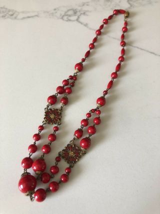 Vintage Antique Art Deco Czech Glass Ruby Red And Enamel Dangle Necklace