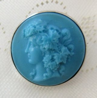 Antique Victorian 10k White Gold Aqua Milk Glass Cameo Brooch Pin Left Facing