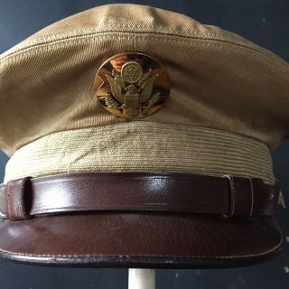 Vintage WWII US Army Enlisted Man Service Cap OD Cotton Wool Leather WW2 40s 2