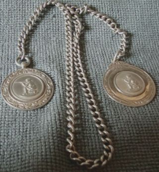 2 1934 Fobs Solid Silver Aword For Shooting On A 14.  5 Inch Chain Halmarked Fobs