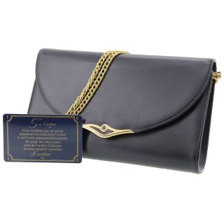 Cartier Logos Must Line Chain Shoulder Bag Navy Leather Vintage Authentic Z704