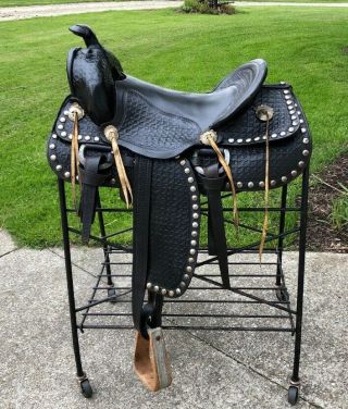 16 " Vintage Black Western Horse Slick Seat Cowboy Saddle W Decorative Spots