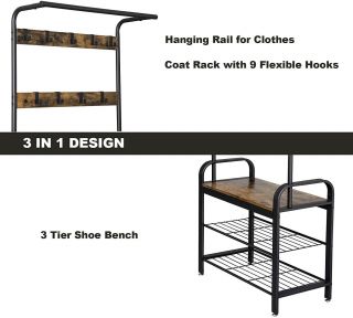 VASAGLE Industrial Coat Rack Shoe Bench,  Hall Tree Entryway Storage Shelf,  Wood 6