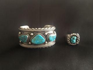Vintage Old Pawn Navajo Sterling Silver & Turquoise Cuff Bracelet 81.  0 Grams