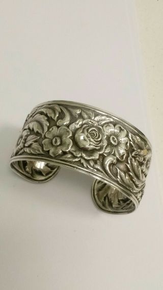 Vintage Sterling Silver S.  Kirk & Son Repousse Rose Cuff Bracelet 1.  25 " Wide