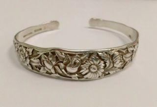 Vintage Sterling Silver S.  Kirk & Son Repousse Floral Tapered Cuff Bracelet