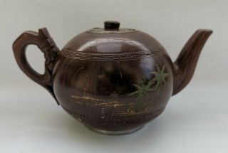 Vtg 1920s Art Deco Chinese Pewter & Carved Coconut Shell Desert Scene Teapot 2