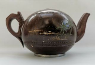 Vtg 1920s Art Deco Chinese Pewter & Carved Coconut Shell Desert Scene Teapot 3