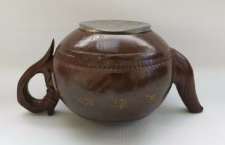 Vtg 1920s Art Deco Chinese Pewter & Carved Coconut Shell Desert Scene Teapot 7