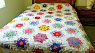 Vintage Quilt Top Grandmas Flower Garden Hand Pieced 78 X 70 " Tiny Stitches Hex