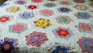 Vintage Quilt Top Grandmas Flower Garden Hand Pieced 78 x 70 