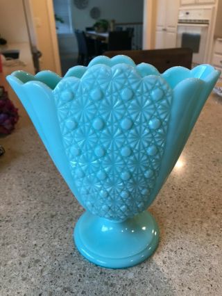 Vintage Fenton Daisy & Button Pattern Pastel Milk Glass Vase: Turquoise