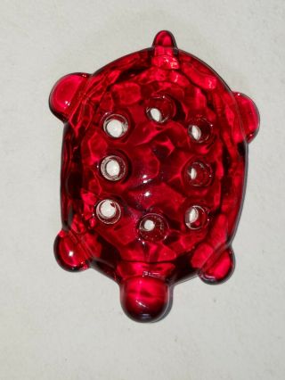 Awesome Vintage Ruby Red Glass Flower Frog 8 Hole Shaped Like a Turtle 3