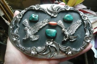 Heavy Vintage Navajo Silver,  Coral And Turquoise Buckle Date 1988 Black Fox