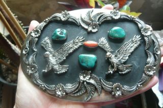 Heavy Vintage Navajo Silver,  Coral and Turquoise Buckle date 1988 Black Fox 2