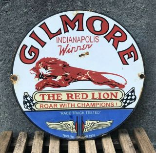 Vintage Gilmore Gasoline Porcelain Gas Red Lion Service Station Pump Plate Sign