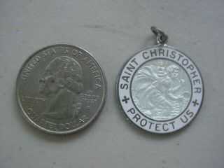 Vintage Sterling Silver Pearl White Enamel St.  Saint Christopher 1 " Medal