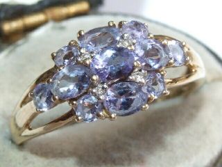Stunning Solid 9ct Gold Natural Tanzanite & Diamond Set Cluster Ring