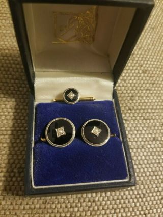 Vintage 14k Yellow Gold Cufflinks With Onyx And Pearls