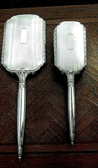 Antique Vtg Sterling Silver Art Deco Nouveau Beveled Hand Mirror & Brush