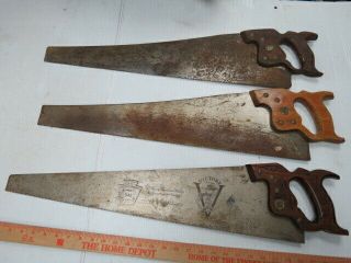 3 Vintage Disston Wood Handle Handsaws Hand Saws 26 " 4790k