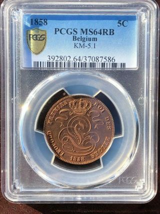 Belgium: Very Rare Red Bu 5 Centime 1858 Pcgs Ms64 Rb,  Top Pop