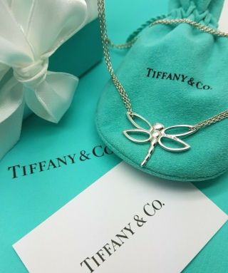 Tiffany & Co Silver Double Chain Dragonfly Pendant Necklace VERY RARE 10