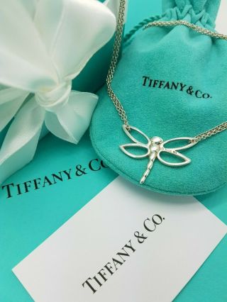 Tiffany & Co Silver Double Chain Dragonfly Pendant Necklace Very Rare