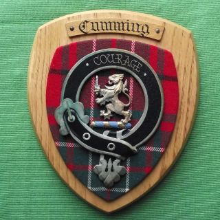 Vintage Old Scottish Carved Oak Clan Cumming Tartan Plaque Crest Shield