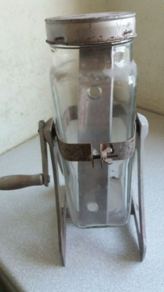 VINTAGE GLASS BUTTER CHURN - TUMBLING DESIGN - ON METAL STAND - 14 INCH TALL 3